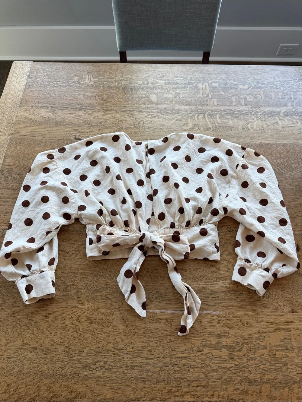 Zara Polka Dot Cropped V-Neck Long Sleeve Top - Cream with Brown Dots